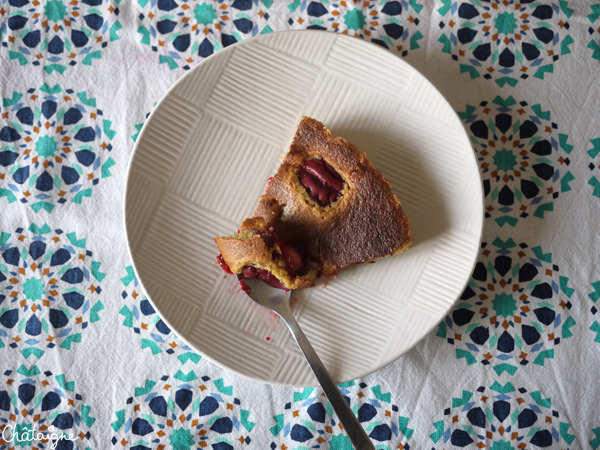 Gâteau aux prunes rouges et chocolat blanc