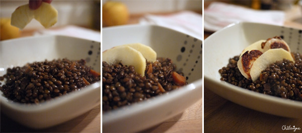 lentilles vertes du Puy, boudin blanc et pommes