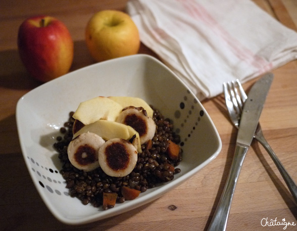 lentilles vertes du Puy, boudin blanc et pommes