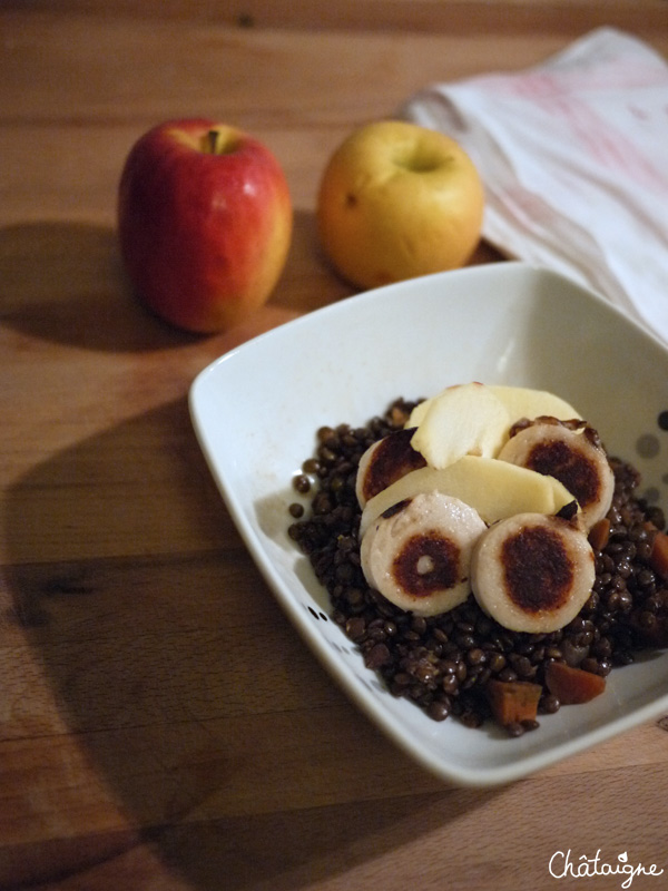 lentilles vertes du Puy, boudin blanc et pommes