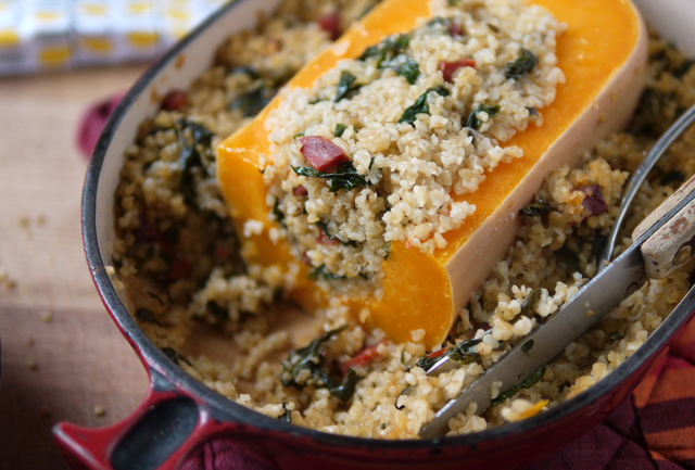 Courge butternut farcie au boulgour & épinards