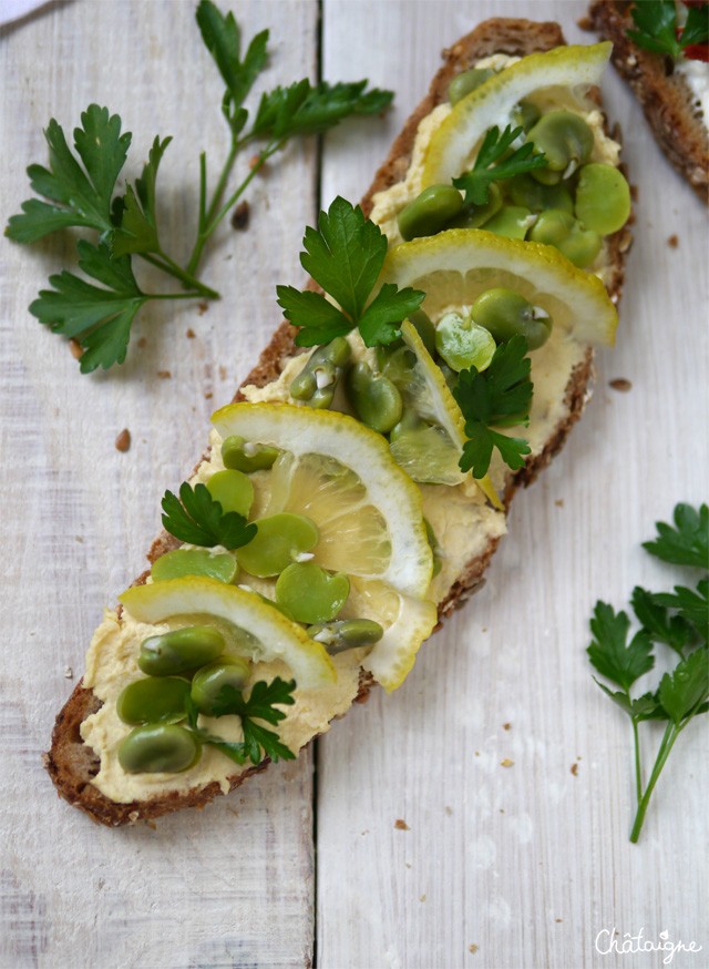 tartines houmous et fèves, avocat et tomates séchées