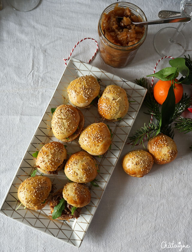 mini burgers au canard confit et chutney de pommes