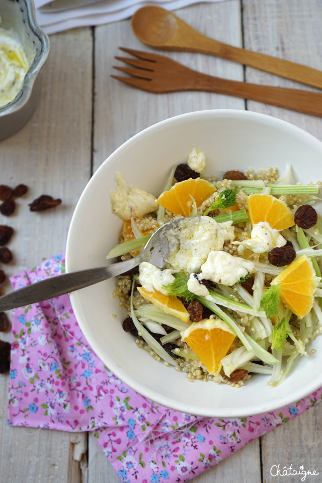 entrée,salade,quinoa,fenouil,orange,raisins