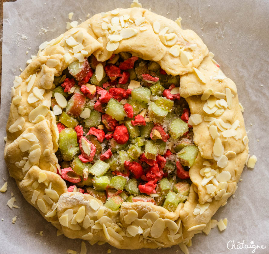 tarte rustique à la rhubarbe et pralines roses